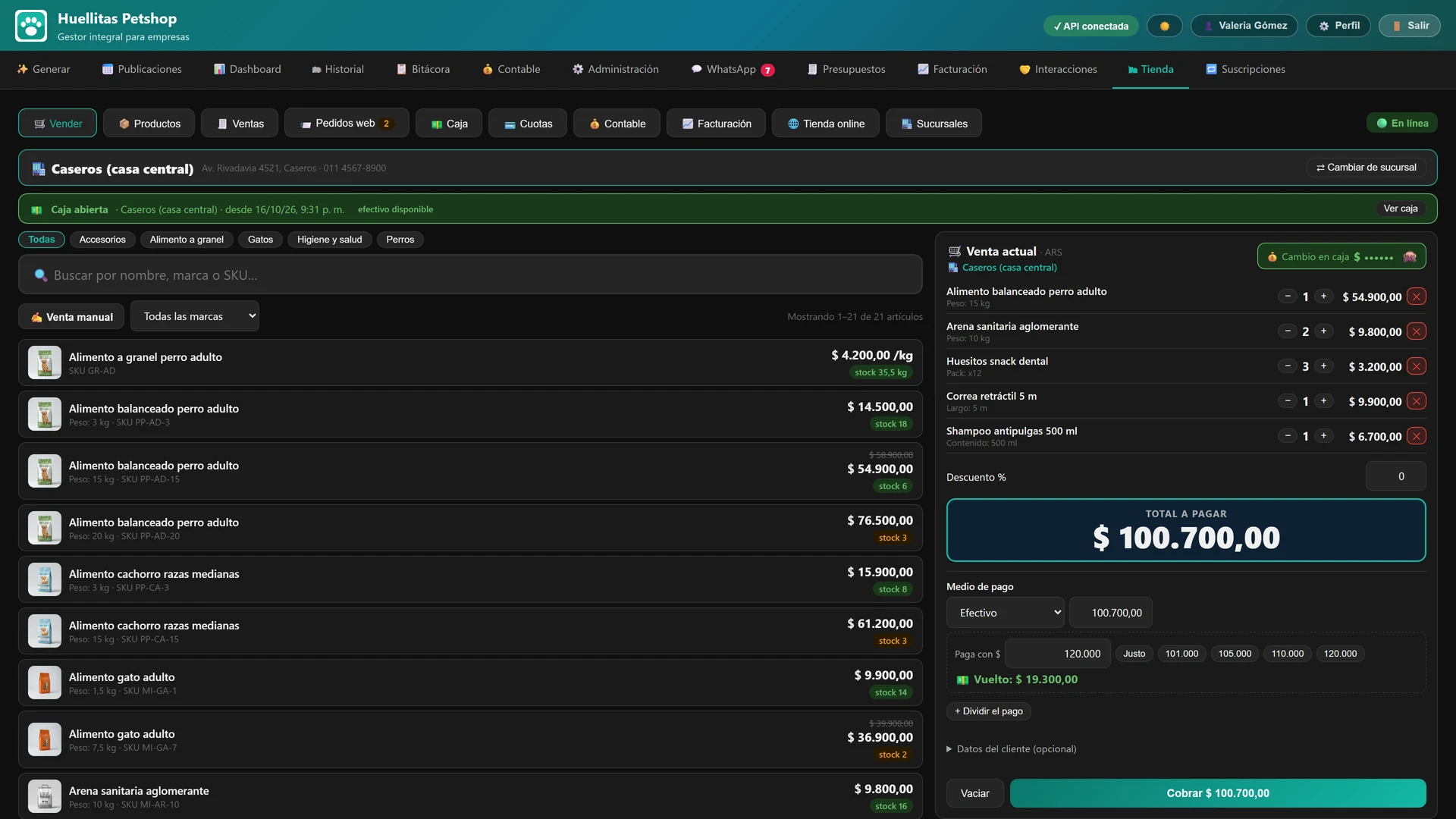 Mostrador, caja y cuotas: pantalla de ejemplo