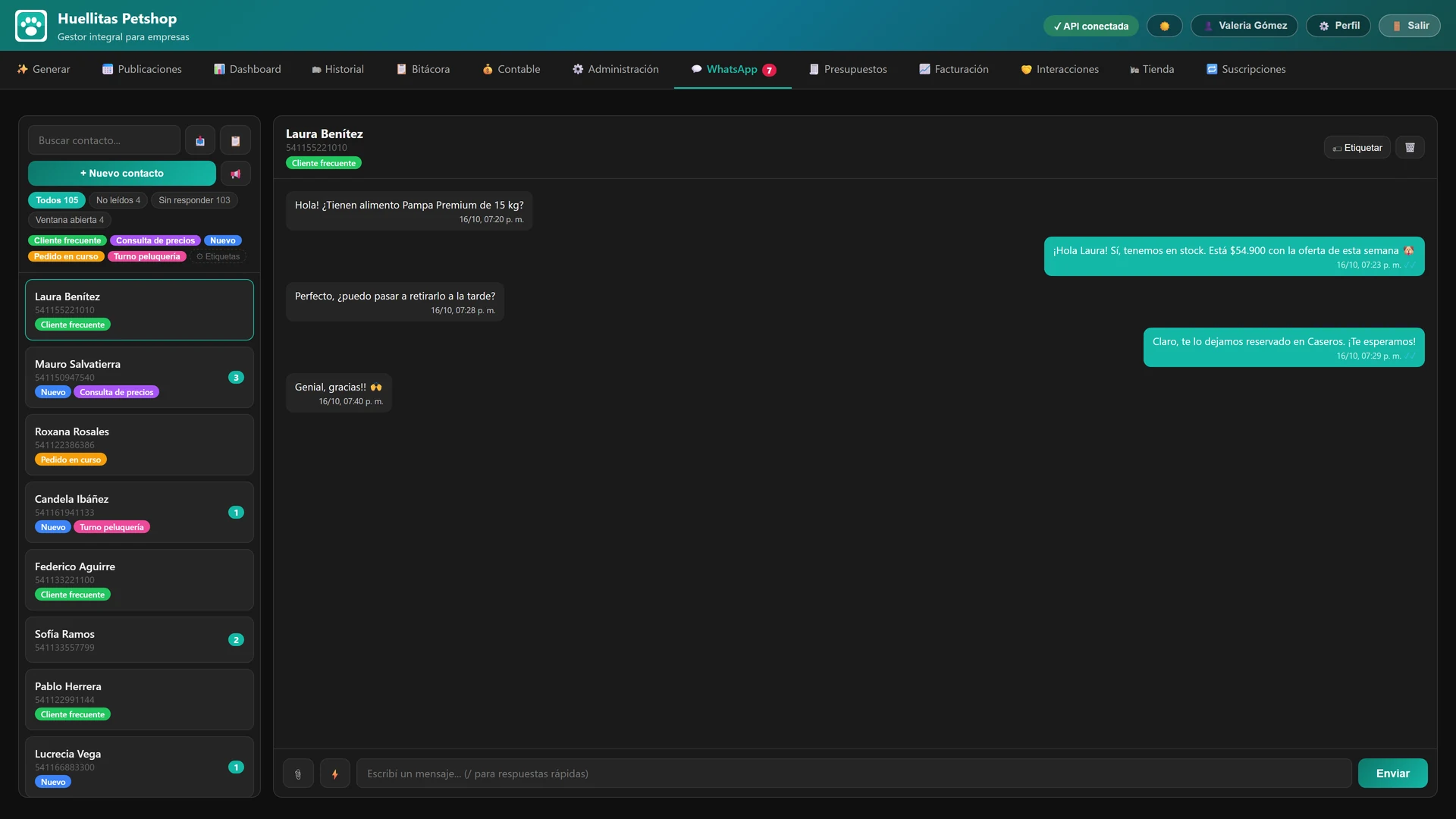 WhatsApp API: pantalla de ejemplo