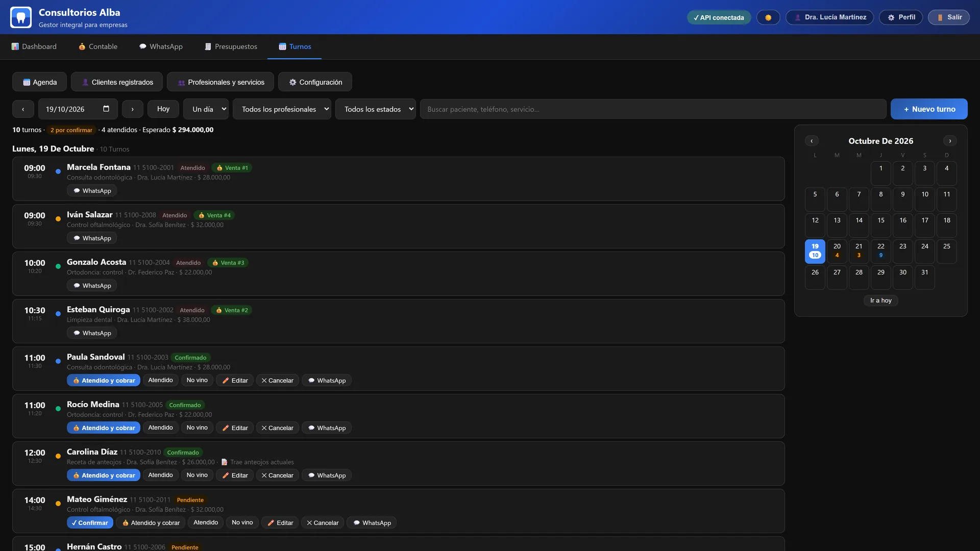 Turnos y reservas: pantalla de ejemplo
